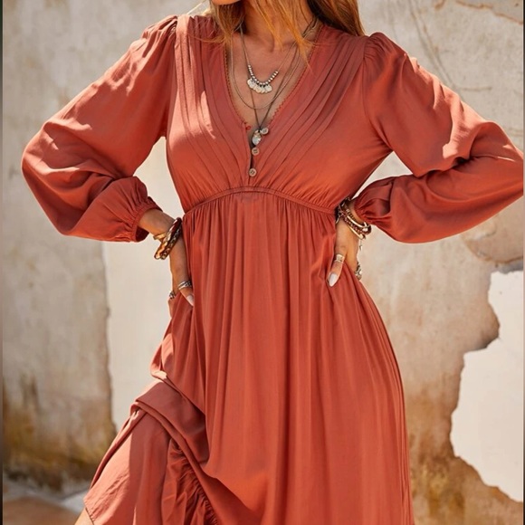 Boho orange button pleated long sleeve maxi dress - Picture 4 of 7